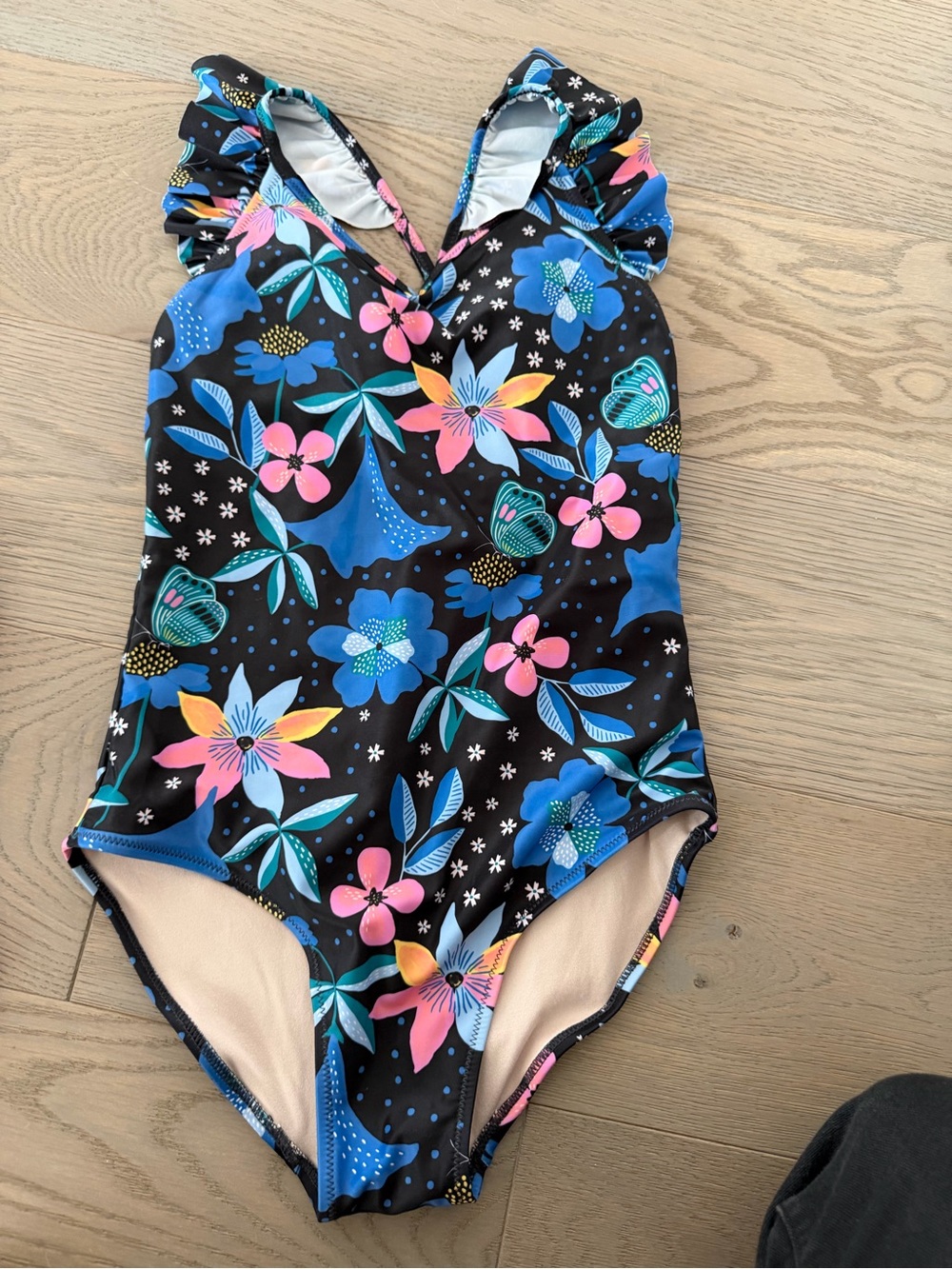 Tea Collection Black Floral One-Piece Swimsuit with Pink & Blue Accents Size 14